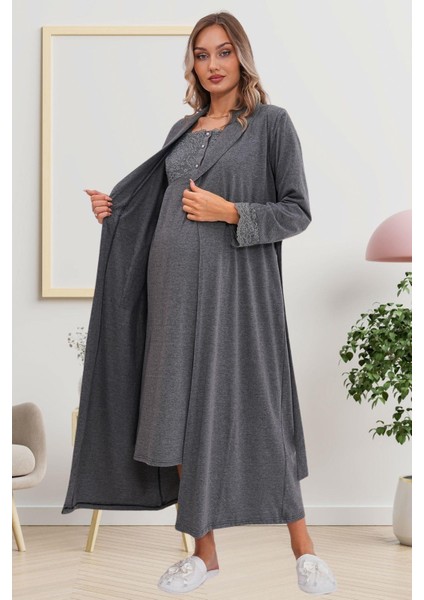 6172 Füme Uzun Sabahlıklı Gecelik Pijama Lohusa Set