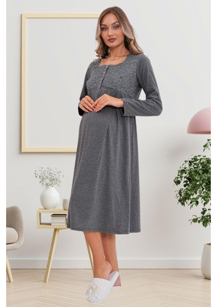 6172 Füme Uzun Sabahlıklı Gecelik Pijama Lohusa Set