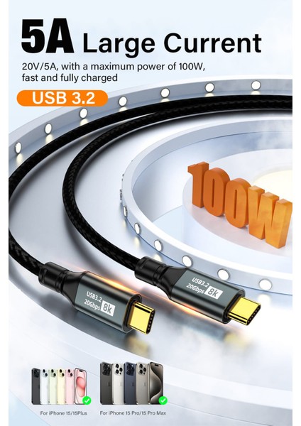 C34 Type-C To Type-C 5A/100W/20GBPS Şarj Data ve 8k Görüntü Aktarım Kablosu -3mt