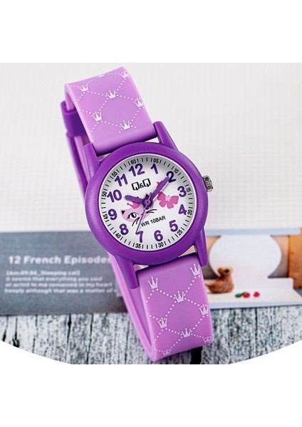 QCG9914 Lila Mor Su Geçirmez Kraliçe Kedi Desenli Rakamlı Kız Çocuk Kol Saati fiyatları