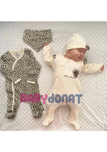 Açık Kahve Leopar Desenli Kız Bebek 4'lü Tulum Seti
