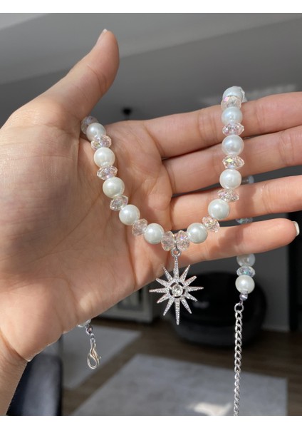 Incili Parlak Taşlı Güneş Choker Kolye modelleri