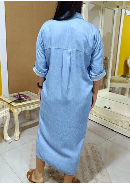Büyük Beden Ince Kot Denim Kumaş Gömlek Yaka Boydan Düğmeli Katlanabilir Kollu Jean Elbise/tunik modelleri