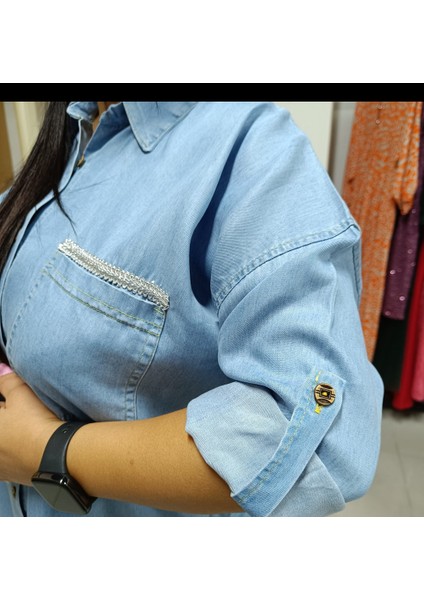 Büyük Beden Ince Kot Denim Kumaş Gömlek Yaka Boydan Düğmeli Katlanabilir Kollu Jean Elbise/tunik fırsatları