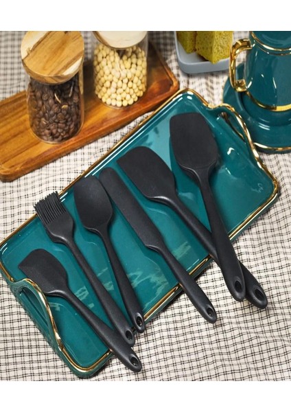 6 Parça Silikon Yanmaz Yapışmaz Mutfak Pasta Silikon Fırçası Kaşık Bıçak Siyah Spatula Seti