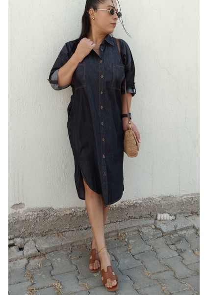 Büyük Beden Ince Kot Denim Kumaş Gömlek Yaka Boydan Düğmeli Katlanabilir Kollu Jean Elbise/tunik fiyatları