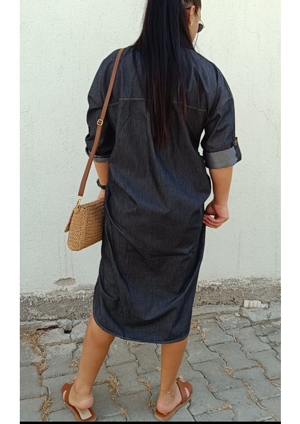 Büyük Beden Ince Kot Denim Kumaş Gömlek Yaka Boydan Düğmeli Katlanabilir Kollu Jean Elbise/tunik modelleri