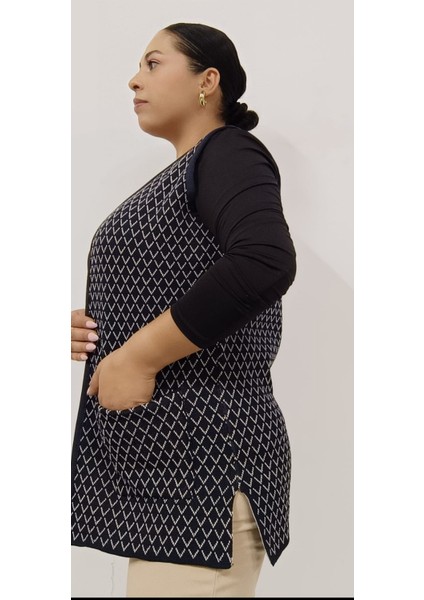 Büyük Beden Baklava Desenli Çelik Örgü Iki Cepli Anne Tasarım Yelek modelleri