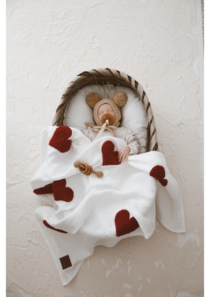 Teddy- Dört Kat Müslin Kırmızı Kalp Battaniye