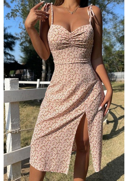Pembe Bahar Yırtmaçlı Elbise E-5501