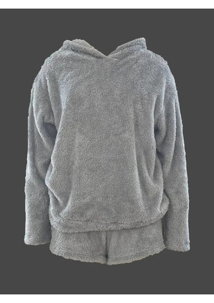 Kadın Uzun Kollu Meow Kedi Nakışlı Kapşonlu Peluş Sweat ve Short Ikili Takım
