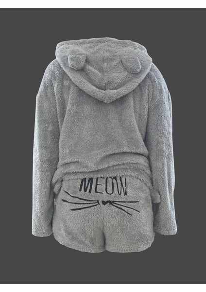 Kadın Uzun Kollu Meow Kedi Nakışlı Kapşonlu Peluş Sweat ve Short Ikili Takım