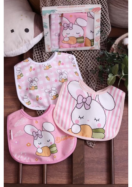 Tavşan Temalı Kare 3 Parça Microfiber Mama Önlüğü Kendi Kutusunda (Sıvı Geçirmez) Çıtçıtlı