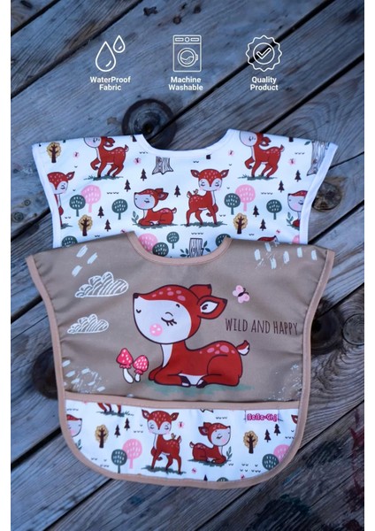 Karaca Desenli 2'li Sıvı Geçirmez Kolsuz Bebek Mama Önlüğü 0-12 Ay