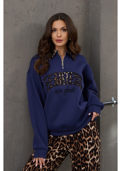 Lacivert Leopar Nakışlı Polo Yaka Sweat