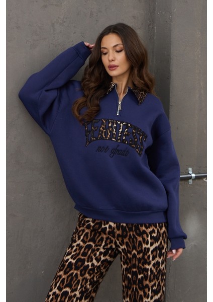 Lacivert Leopar Nakışlı Polo Yaka Sweat