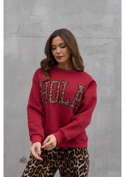 Bordo Şardonlu Hola Yazılı Sweat