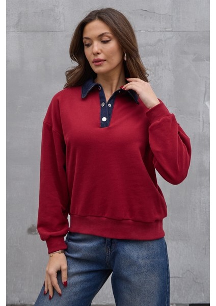 Bordo Denim Yaka Tasarım Sweat