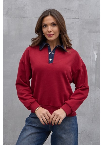 Bordo Denim Yaka Tasarım Sweat