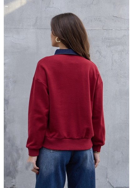 Bordo Denim Yaka Tasarım Sweat