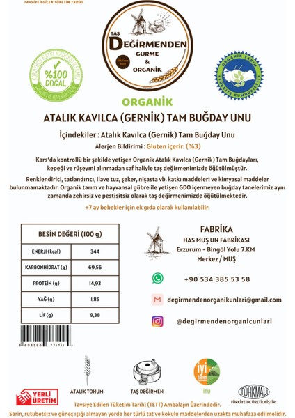 Organik Atalık Kavılca Gernik Tam Buğday Unu - 25 Kilo