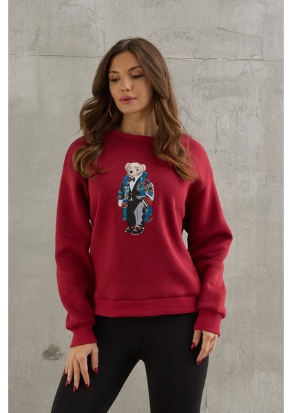 Bordo Teddy Baskılı Şardonlu Sweat