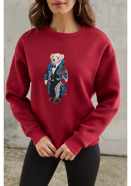 Bordo Teddy Baskılı Şardonlu Sweat