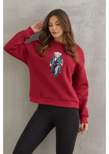 Bordo Teddy Baskılı Şardonlu Sweat