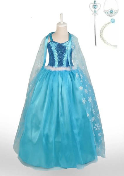 Mavi Elsa Frozen Uzun Pelerinli Askılı Kostüm