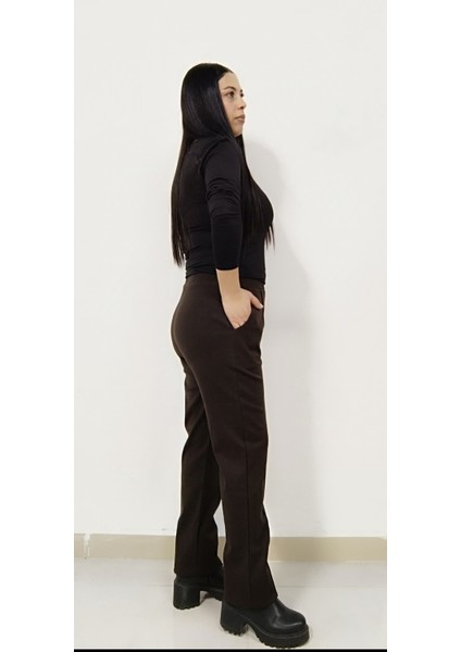 Büyük Beden Kadın Kışlık Çelik Örme Kumaş Çımalı Yüksek Bel Düz Paça Pantolon