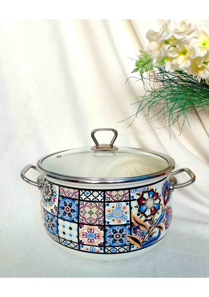 Çini Desen Emaye Lüx Derin Tencere 4750 ml 24 cm Çap Süt Yoğurt Çorba Yoğurt Tenceresi