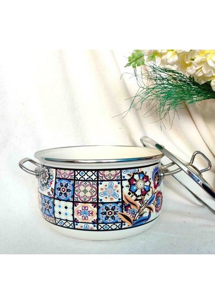 Çini Desen Emaye Lüx Derin Tencere 4750 ml 24 cm Çap Süt Yoğurt Çorba Yoğurt Tenceresi fiyatları