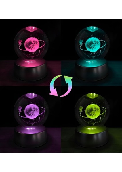Satürn Cam Küre Renk Değiştiren Kristal Kız Küre Işıklı Küre Pilli 3D Yılbaşı