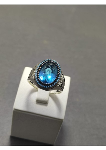 Aquamarine Taşlı Yan Kolları Motifli 925 Ayar Gümüş Erkek Yüzüğü