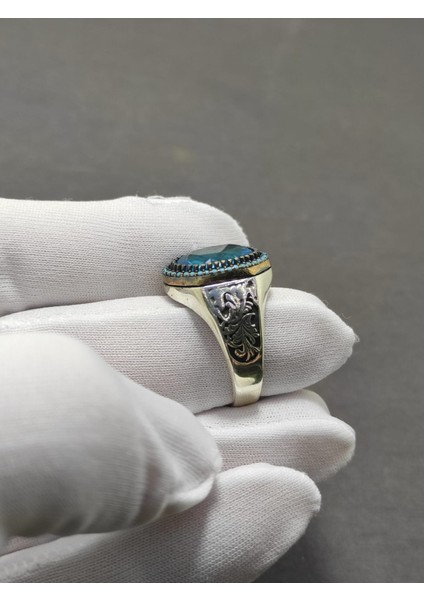 Aquamarine Taşlı Yan Kolları Motifli 925 Ayar Gümüş Erkek Yüzüğü fırsatları