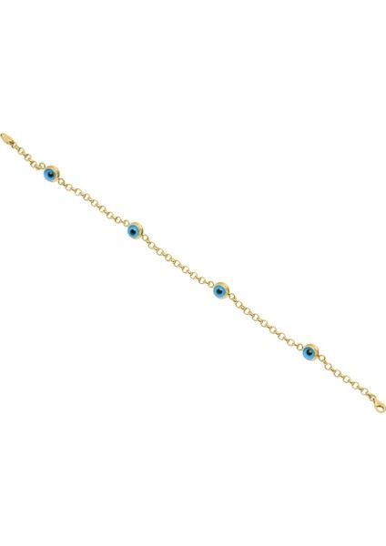 Yuvarlak Nazar Boncuklu İnce Zincir Altın Bileklik