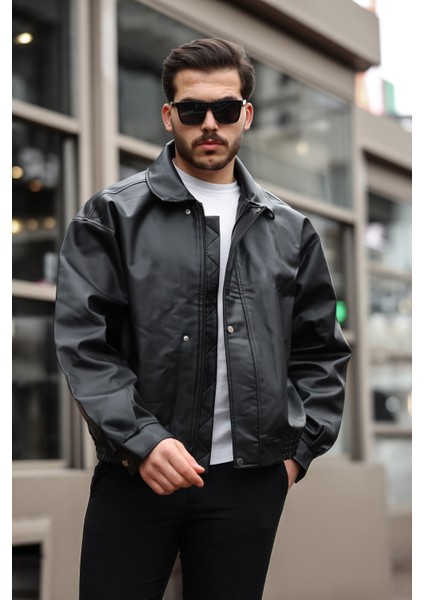 Erkek Siyah Oversize Vintage Deri Ceket