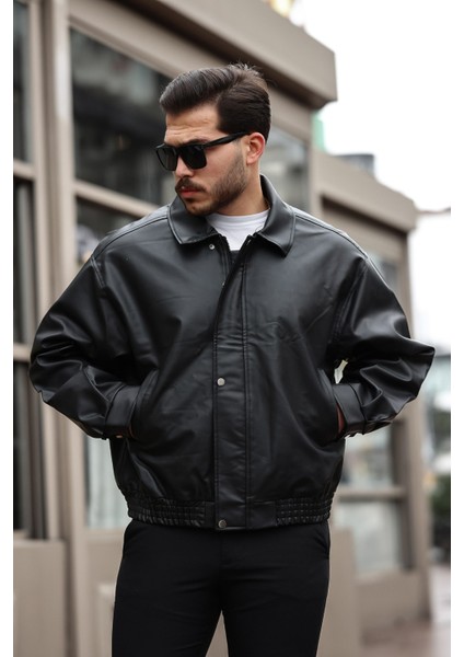 Erkek Siyah Oversize Vintage Deri Ceket