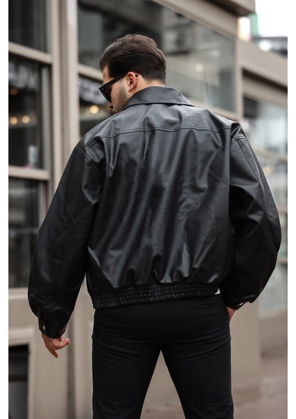Erkek Siyah Oversize Vintage Deri Ceket