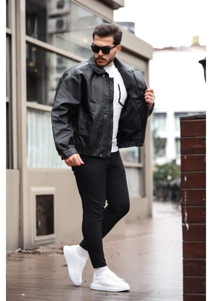 Erkek Siyah Oversize Vintage Deri Ceket