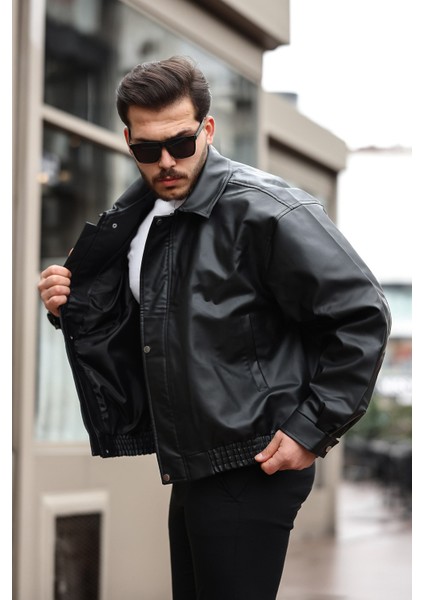 Erkek Siyah Oversize Vintage Deri Ceket