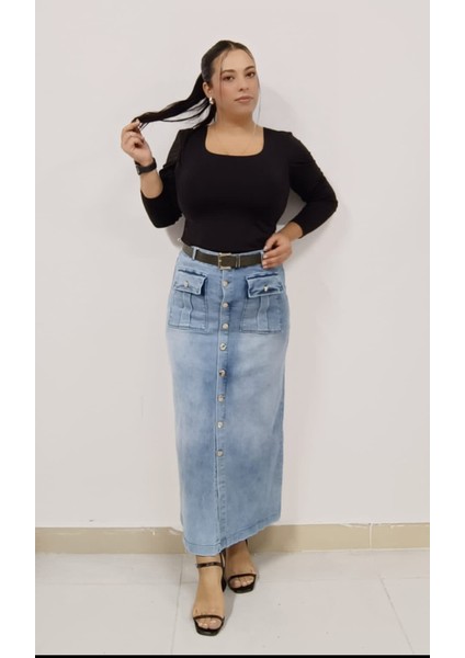 Büyük Beden Kadın Taşlanmış Denim Kumaş Likralı Cep Detaylı Zımba Düğmeli Jeans Uzun Kot Etek