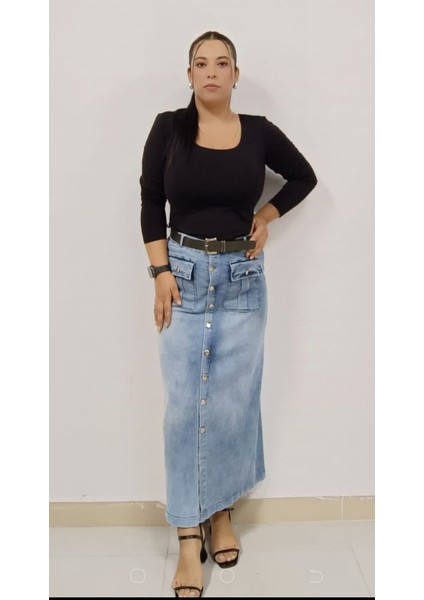 Büyük Beden Kadın Taşlanmış Denim Kumaş Likralı Cep Detaylı Zımba Düğmeli Jeans Uzun Kot Etek