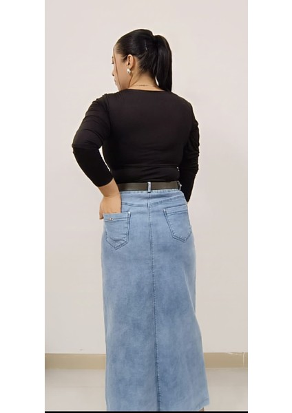 Büyük Beden Kadın Taşlanmış Denim Kumaş Likralı Cep Detaylı Zımba Düğmeli Jeans Uzun Kot Etek