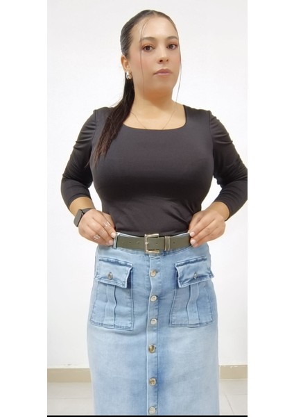 Büyük Beden Kadın Taşlanmış Denim Kumaş Likralı Cep Detaylı Zımba Düğmeli Jeans Uzun Kot Etek
