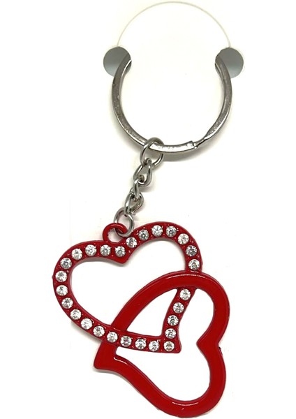Kırmızı Parlak Boncuklu Kalp Içine Geçen Kalp Metal Anahtarlık Şirin Çanta Anahtar Aksesuar