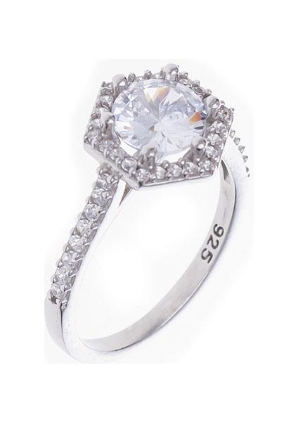 7 Mm Zirkon Taşlı Altıgen Model 925 Ayar Gümüş Kadın Tektaş Yüzük