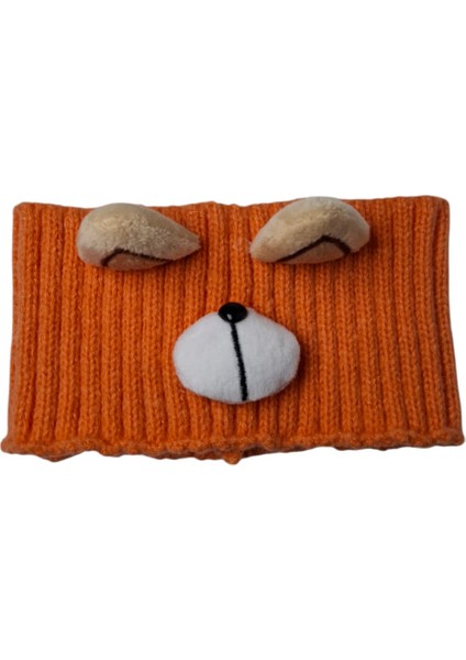 Kız Çocuk Pofuduk Ayıcık Maskot ve Figürlü Turuncu Renk Yün Örgü Saç Bandı Bandana