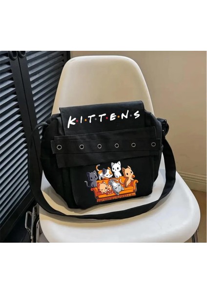 Siyah Kuş Gözlü Kittens Baskılı Postacı Çantası