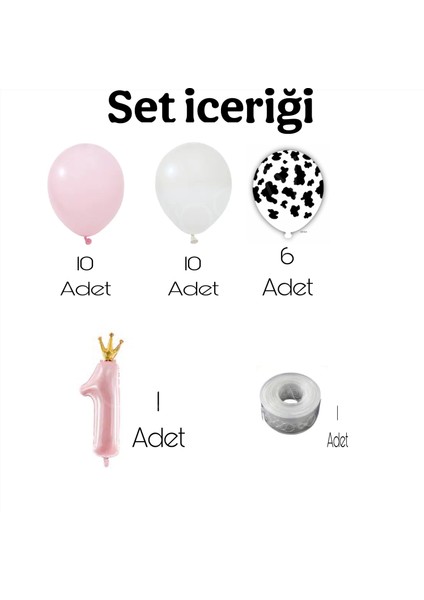 Inek Temalı Benekli Balon 1 Yaş Pembe Beyaz Siyah Renklerinde Mini Doğum Günü Seti
